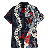 Hawaii Puakenikeni and Maile Lei Family Matching Mermaid Dress and Hawaiian Shirt Navy Blue Japanese Wave Style - Polynesian Pride
