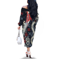 Hawaii Puakenikeni and Maile Lei Family Matching Off The Shoulder Long Sleeve Dress and Hawaiian Shirt Navy Blue Japanese Wave Style - Polynesian Pride