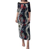Hawaii Puakenikeni and Maile Lei Puletasi Navy Blue Japanese Wave Style LT9 Long Dress Navy Blue - Polynesian Pride