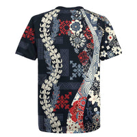 Hawaii Puakenikeni and Maile Lei Rugby Jersey Navy Blue Japanese Wave Style LT9 - Polynesian Pride