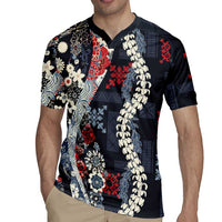 Hawaii Puakenikeni and Maile Lei Rugby Jersey Navy Blue Japanese Wave Style LT9 - Polynesian Pride