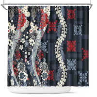 Hawaii Puakenikeni and Maile Lei Shower Curtain Navy Blue Japanese Wave Style - Polynesian Pride