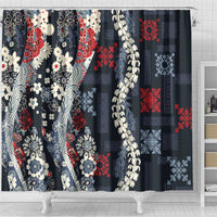 Hawaii Puakenikeni and Maile Lei Shower Curtain Navy Blue Japanese Wave Style - Polynesian Pride
