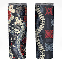 Hawaii Puakenikeni and Maile Lei Skinny Tumbler Navy Blue Japanese Wave Style - Polynesian Pride