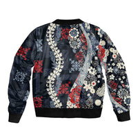 Hawaii Puakenikeni and Maile Lei Sleeve Zip Bomber Jacket Navy Blue Japanese Wave Style - Polynesian Pride