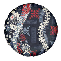 Hawaii Puakenikeni and Maile Lei Spare Tire Cover Navy Blue Japanese Wave Style - Polynesian Pride
