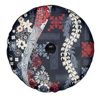 Hawaii Puakenikeni and Maile Lei Spare Tire Cover Navy Blue Japanese Wave Style - Polynesian Pride