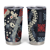 Hawaii Puakenikeni and Maile Lei Tumbler Cup Navy Blue Japanese Wave Style - Polynesian Pride