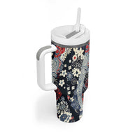 Hawaii Puakenikeni and Maile Lei Tumbler With Handle Navy Blue Japanese Wave Style - Polynesian Pride
