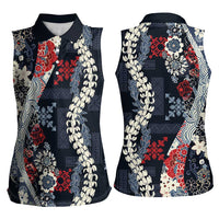 Hawaii Puakenikeni and Maile Lei Women Sleeveless Polo Shirt Navy Blue Japanese Wave Style - Polynesian Pride