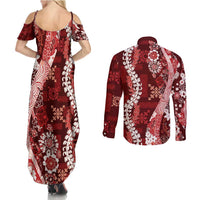 Hawaii Puakenikeni and Maile Lei Couples Matching Summer Maxi Dress and Long Sleeve Button Shirt Red Japanese Wave Style - Polynesian Pride