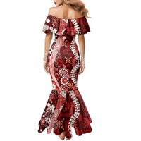 Hawaii Puakenikeni and Maile Lei Family Matching Mermaid Dress and Hawaiian Shirt Red Japanese Wave Style - Polynesian Pride