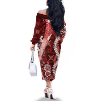 Hawaii Puakenikeni and Maile Lei Family Matching Off The Shoulder Long Sleeve Dress and Hawaiian Shirt Red Japanese Wave Style - Polynesian Pride