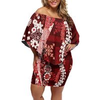 Hawaii Puakenikeni and Maile Lei Family Matching Off Shoulder Short Dress and Hawaiian Shirt Red Japanese Wave Style - Polynesian Pride