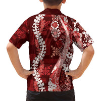 Hawaii Puakenikeni and Maile Lei Family Matching Short Sleeve Bodycon Dress and Hawaiian Shirt Red Japanese Wave Style - Polynesian Pride