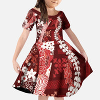 Hawaii Puakenikeni and Maile Lei Family Matching Short Sleeve Bodycon Dress and Hawaiian Shirt Red Japanese Wave Style - Polynesian Pride