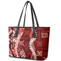 Hawaii Puakenikeni and Maile Lei Leather Tote Bag Red Japanese Wave Style - Polynesian Pride