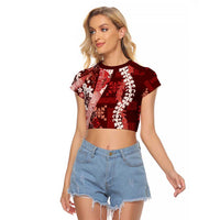 Hawaii Puakenikeni and Maile Lei Raglan Cropped T Shirt Red Japanese Wave Style LT9 Female Red - Polynesian Pride
