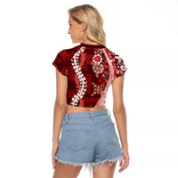 Hawaii Puakenikeni and Maile Lei Raglan Cropped T Shirt Red Japanese Wave Style LT9 - Polynesian Pride