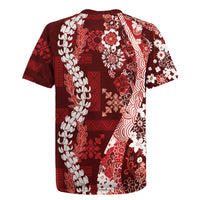 Hawaii Puakenikeni and Maile Lei Rugby Jersey Red Japanese Wave Style LT9 - Polynesian Pride