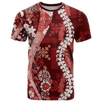 Hawaii Puakenikeni and Maile Lei T Shirt Red Japanese Wave Style - Polynesian Pride