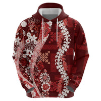 Hawaii Puakenikeni and Maile Lei Zip Hoodie Red Japanese Wave Style - Polynesian Pride