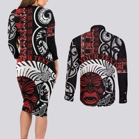 Honour The Treaty New Zealand Personalised Couples Matching Long Sleeve Bodycon Dress and Long Sleeve Button Shirt Toitu Te Tiriti Indigenous Maori Face