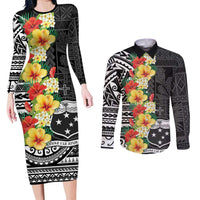 Samoa Tribal Hibiscus Flowers Couples Matching Long Sleeve Bodycon Dress and Long Sleeve Button Shirt