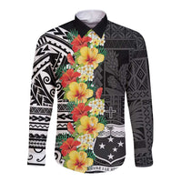 Samoa Tribal Hibiscus Flowers Long Sleeve Button Shirt LT9 Unisex Black - Polynesian Pride