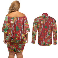 Mele Kalikimaka Pakalana Pikake Lei Couples Matching Off Shoulder Short Dress and Long Sleeve Button Shirt Hawaiian Rodeo Paniolo Omaomao Palaka - Polynesian Pride