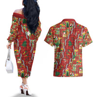 Mele Kalikimaka Pakalana Pikake Lei Couples Matching Off The Shoulder Long Sleeve Dress and Hawaiian Shirt Hawaiian Rodeo Paniolo Omaomao Palaka - Polynesian Pride