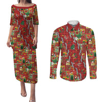 Mele Kalikimaka Pakalana Pikake Lei Couples Matching Puletasi and Long Sleeve Button Shirt Hawaiian Rodeo Paniolo Omaomao Palaka - Polynesian Pride