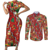 Mele Kalikimaka Pakalana Pikake Lei Couples Matching Short Sleeve Bodycon Dress and Long Sleeve Button Shirt Hawaiian Rodeo Paniolo Omaomao Palaka - Polynesian Pride
