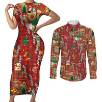Mele Kalikimaka Pakalana Pikake Lei Couples Matching Short Sleeve Bodycon Dress and Long Sleeve Button Shirt Hawaiian Rodeo Paniolo Omaomao Palaka - Polynesian Pride