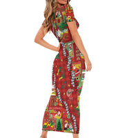 Mele Kalikimaka Pakalana Pikake Lei Short Sleeve Bodycon Dress Hawaiian Rodeo Paniolo Omaomao Palaka - Polynesian Pride