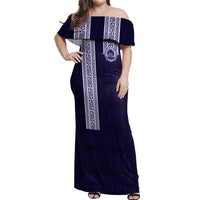Tonga Queen Salote College 100 years Off Shoulder Maxi Dress QSC 1926-2026 Tongan Pattern LT9 Women Blue - Polynesian Pride