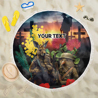 Kangaroo-Kiwi Soldier ANZAC Personalised Beach Blanket Golden Wattle and Pohutukawa Flowers LT9 One Size 150cm Black - Polynesian Pride