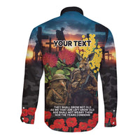 Kangaroo-Kiwi Soldier ANZAC Personalised Long Sleeve Button Shirt Golden Wattle and Pohutukawa Flowers LT9 - Polynesian Pride