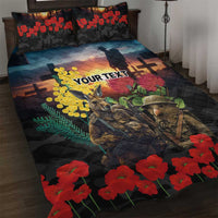 Kangaroo-Kiwi Soldier ANZAC Personalised Quilt Bed Set Golden Wattle and Pohutukawa Flowers LT9 Black - Polynesian Pride
