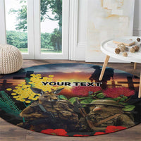 Kangaroo-Kiwi Soldier ANZAC Personalised Round Carpet Golden Wattle and Pohutukawa Flowers
