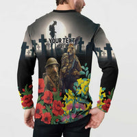 Kangaroo-Kiwi Soldier ANZAC Personalised Button Sweatshirt Golden Wattle Poppy Flowers LT9 - Polynesian Pride