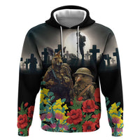 Kangaroo-Kiwi Soldier ANZAC Personalised Hoodie Golden Wattle Poppy Flowers