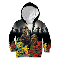 Kangaroo-Kiwi Soldier ANZAC Personalised Kid Hoodie Golden Wattle Poppy Flowers