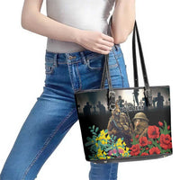 Kangaroo-Kiwi Soldier ANZAC Personalised Leather Tote Bag Golden Wattle Poppy Flowers
