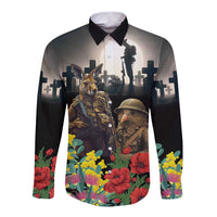 Kangaroo-Kiwi Soldier ANZAC Personalised Long Sleeve Button Shirt Golden Wattle Poppy Flowers LT9 Unisex Black - Polynesian Pride