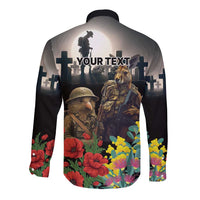 Kangaroo-Kiwi Soldier ANZAC Personalised Long Sleeve Button Shirt Golden Wattle Poppy Flowers LT9 - Polynesian Pride