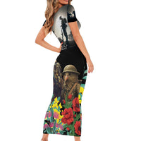 Kangaroo-Kiwi Soldier ANZAC Personalised Short Sleeve Bodycon Dress Golden Wattle Poppy Flowers
