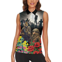 Kangaroo-Kiwi Soldier ANZAC Personalised Women Sleeveless Polo Shirt Golden Wattle Poppy Flowers