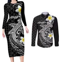 Aloha Hammerhead Shark Couples Matching Long Sleeve Bodycon Dress and Long Sleeve Button Shirt Black Hawaiian Kakau Tribal Tattoo