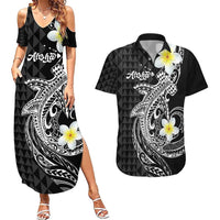 Aloha Hammerhead Shark Couples Matching Summer Maxi Dress and Hawaiian Shirt Black Hawaiian Kakau Tribal Tattoo